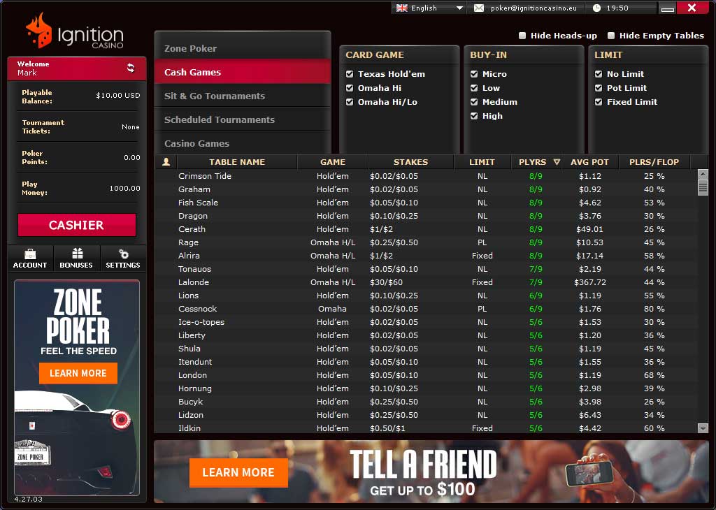 The lobby at Ignition Poker